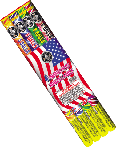 ASSORTED ROMAN CANDLES - 8 SHOTS - 4 ASSORTED EFFECTS